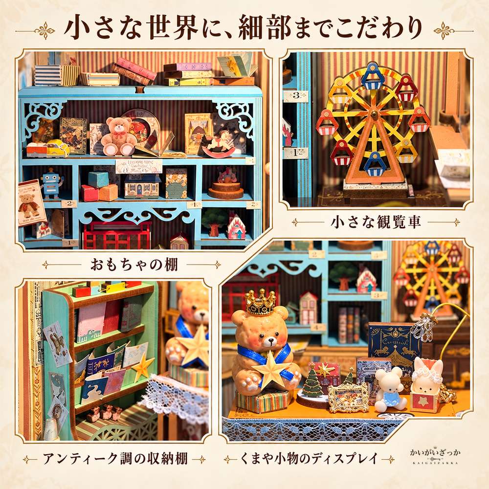 ドールハウス ミニチュア 木製 DIY 組み立てキット アンティーク調のおもちゃ屋さん 開閉式 ライト付き 観覧車やくまの小物が彩る お部屋のインテリア 趣味の手作り ギフト