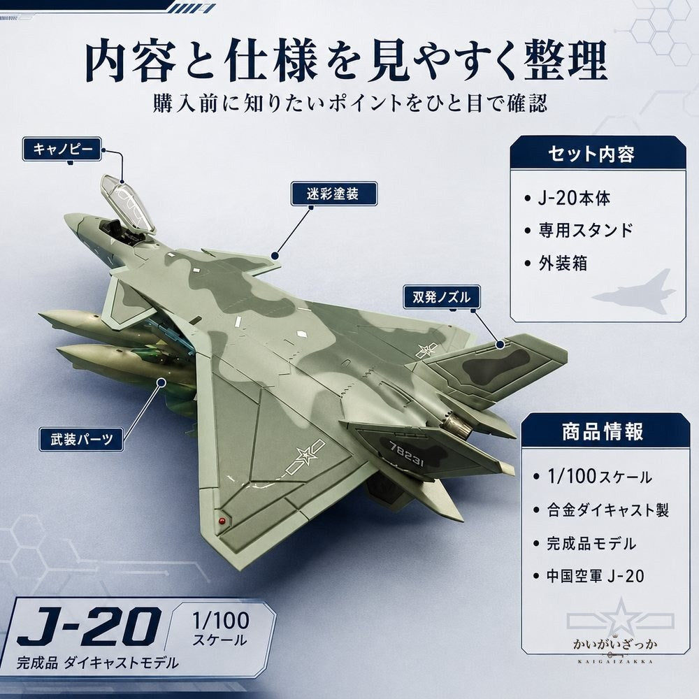 精密ダイキャスト 1/100 J-20 殲20 ステルス戦闘機 中国空軍 完成品 合金模型 飛行機 航空機 ミリタリー スタンド付 インテリア コレクション 大人の趣味 ギフト