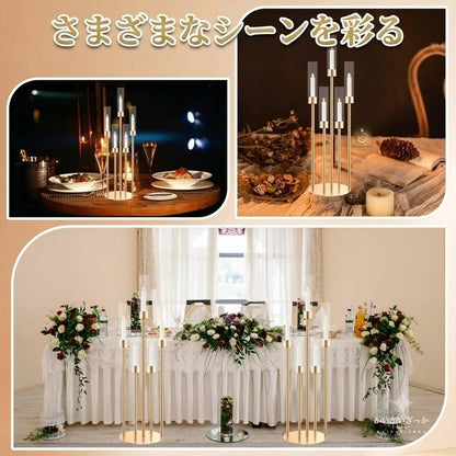 5アームLEDキャンドルホルダー 燭台 ゴールド アクリルシェード 66cm 106cm 背の高い キャンドルスタンド 結婚式 ウェディング テーブル装飾 パーティー ディナー 記念日 ギフト プレゼント