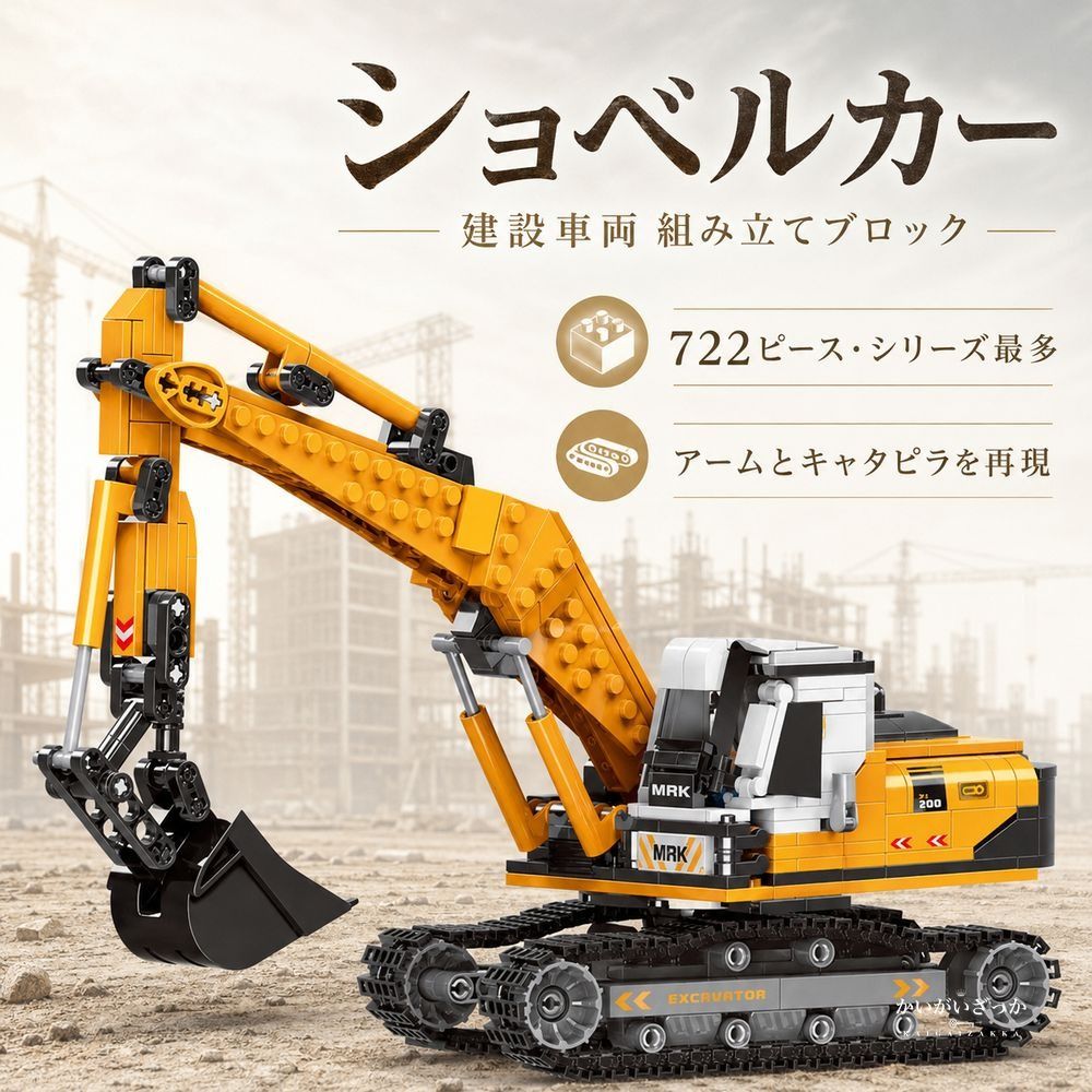 建設車両 組み立てブロック 模型 全6車種 545〜722ピース ダンプカー クレーン車 ショベルカー ブルドーザー ミキサー車 ホイールローダー 働く車 立体パズル 知育 誕生日 プレゼント