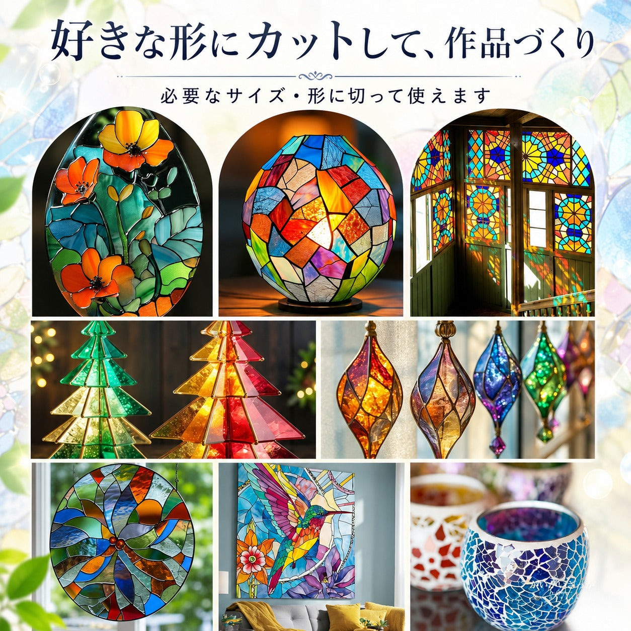 ステンドグラス ガラスシート 8枚 DIY クラフト モザイク ガラス アート 手芸 材料 カラフル 工作 制作 ハンドメイド 趣味 レインボー ステンドグラス材料 セット