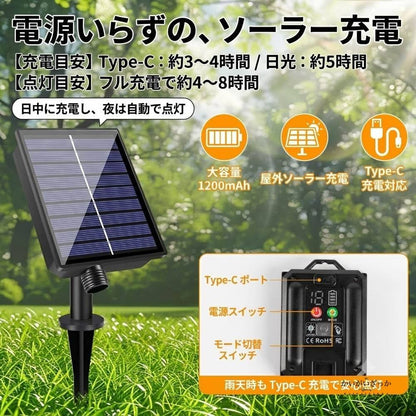 ソーラーストリングライト 屋外 防水 LED イルミネーション ガーデンライト クリスマス 電飾 ソーラー充電 装飾 庭 ベランダ パーティー 8モード カラフル プレゼント