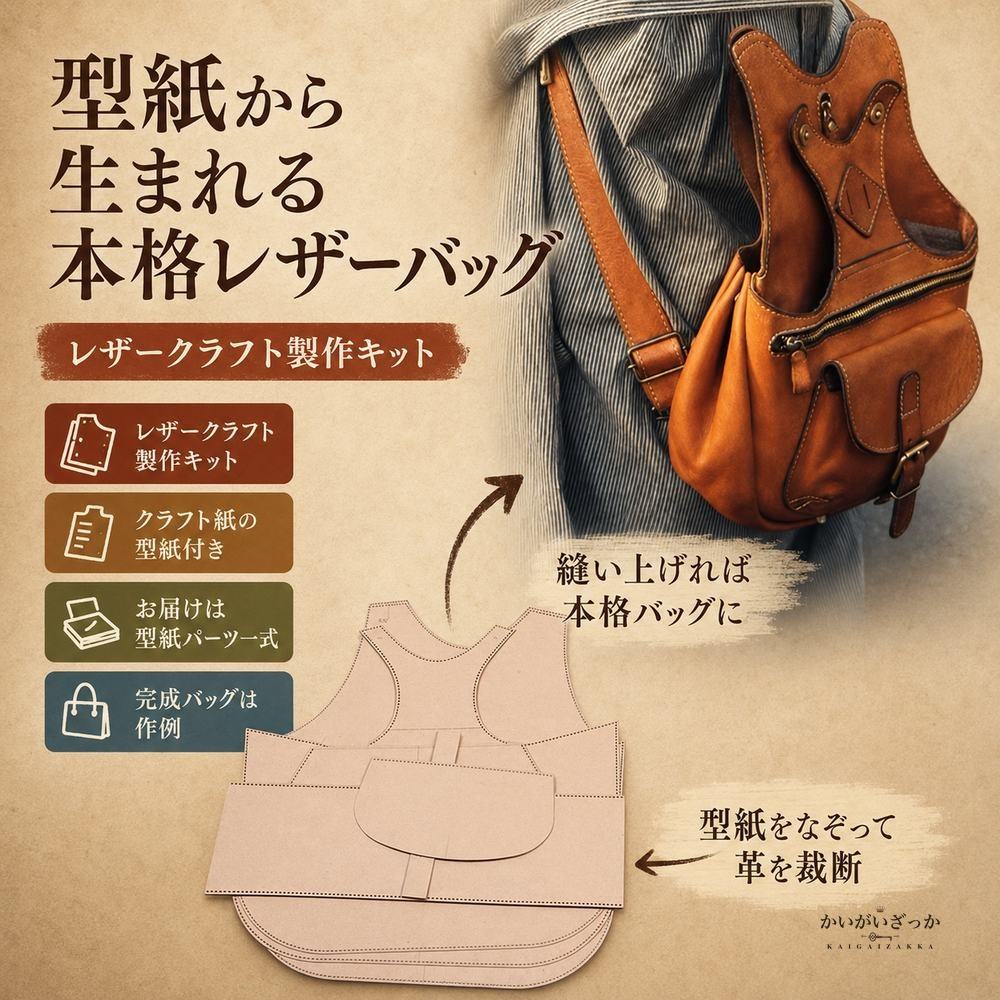 レザークラフト 型紙 テンプレート DIY リュック バックパック 革 ハンドメイド 縫製パターン 本革小物 制作 手芸 クラフト 透かし彫り 大判 手縫い 革細工 ものづくり