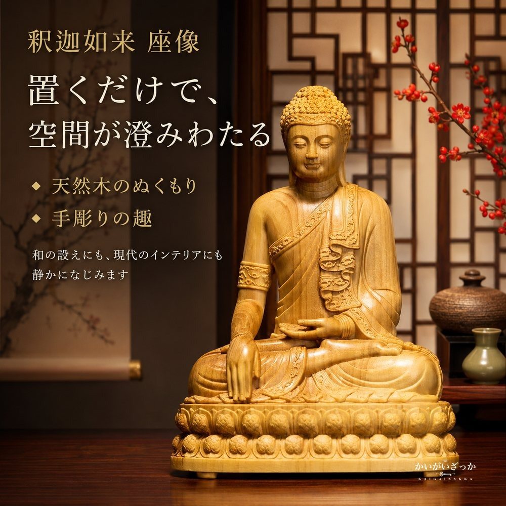 仏像 釈迦如来 座像 木彫り 無垢材 手彫り 天然木 サイプレス 置物 仏壇 供養 縁起物 風水 開運 和モダン インテリア 玄関 リビング 長寿祝い 敬老の日 プレゼント ギフト