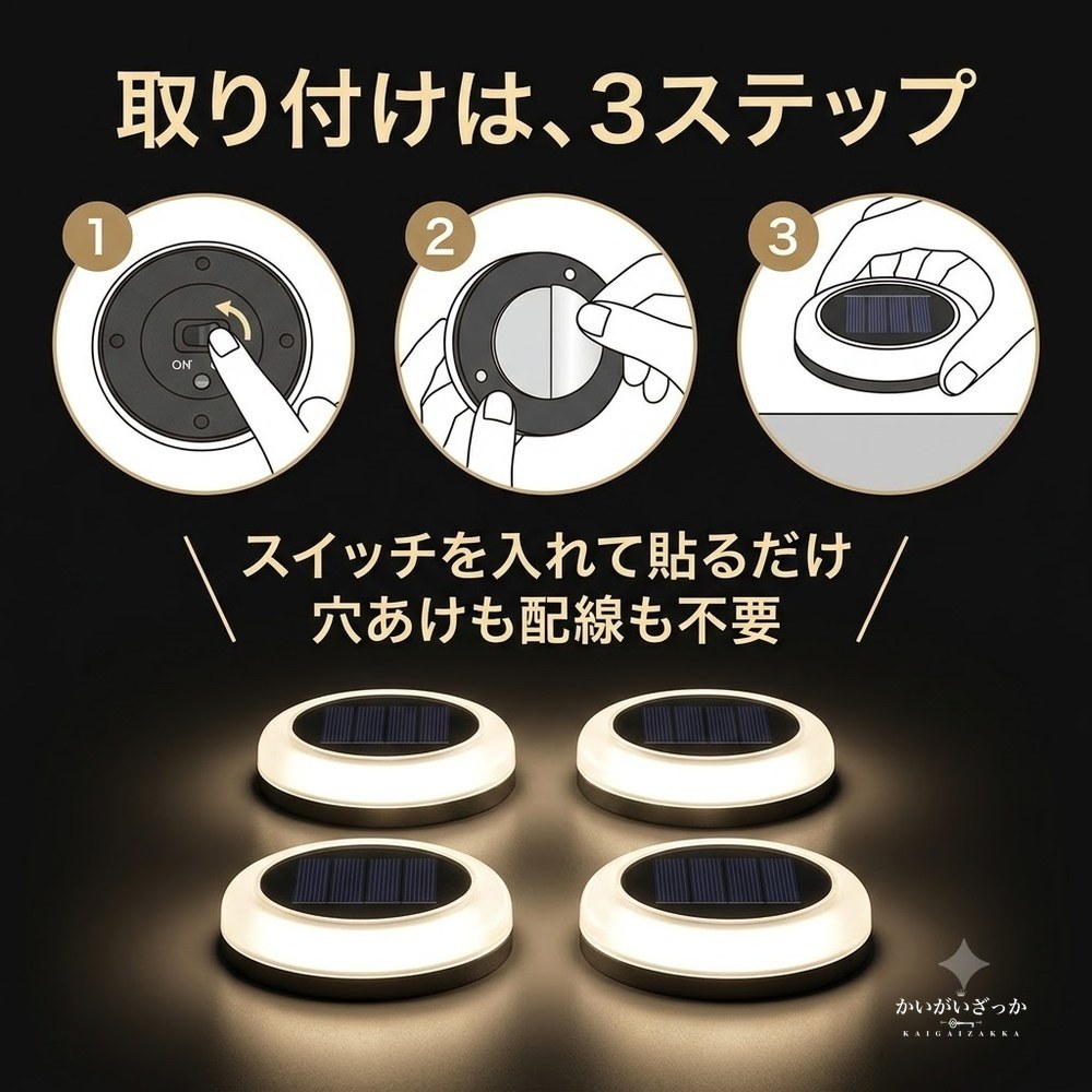 ソーラーライト 屋外 4個セット 丸型 デッキライト IP68 防水 360度発光 自動点灯 ガーデンライト 階段 玄関 庭 駐車場 フェンス 常夜灯 工事不要 貼るだけ 充電式 おしゃれ