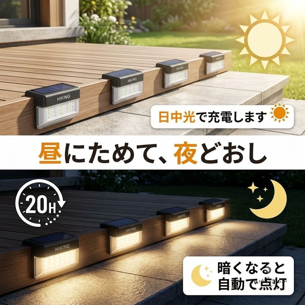 ソーラーライト 屋外 4個セット ステップライト 階段 デッキ 防水IP68 自動点灯 20時間点灯 ガーデンライト 玄関 庭 通路 フェンス 駐車場 常夜灯 工事不要 貼るだけ 充電式 おしゃれ