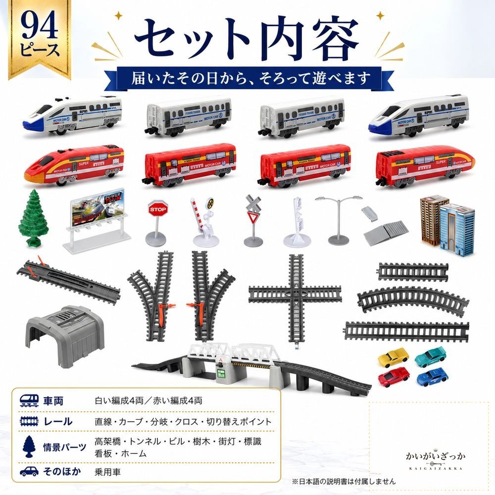 鉄道模型 電動レールセット 94ピース 高速列車 2編成 ビル 橋 トンネル 付属 組立サイズ170×98.5cm 男の子 子供 誕生日 クリスマス プレゼント ジオラマ 鉄道 おもちゃ インテリア 飾り