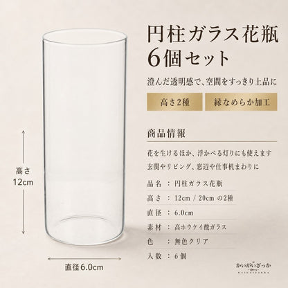 ガラス 花瓶 6個セット 円柱 フラワーベース 高さ12cm 20cm 口径6cm 縁なめらか加工 一輪挿し キャンドルホルダー 兼用 北欧 テーブル装飾 結婚式 パーティー 玄関 リビング インテリア