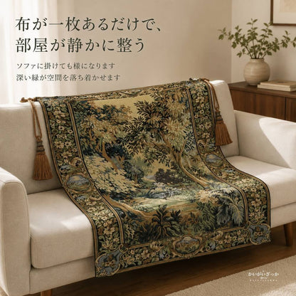 タペストリー 壁掛け ジャカード織 森 木々 草花 ヨーロッパ 風景 房飾り 棒通し 布 ファブリック 壁飾り クラシック アンティーク調 リビング 寝室 玄関 インテリア 模様替え 新築祝い