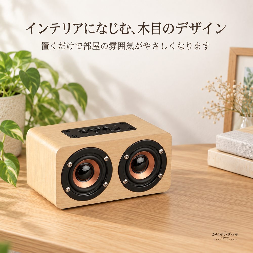 木目調Bluetoothスピーカー 小型デュアルスピーカー ハンズフリー通話対応 TFカード AUX入力 USB給電 音楽再生用 ポータブルオーディオ 木製カラー