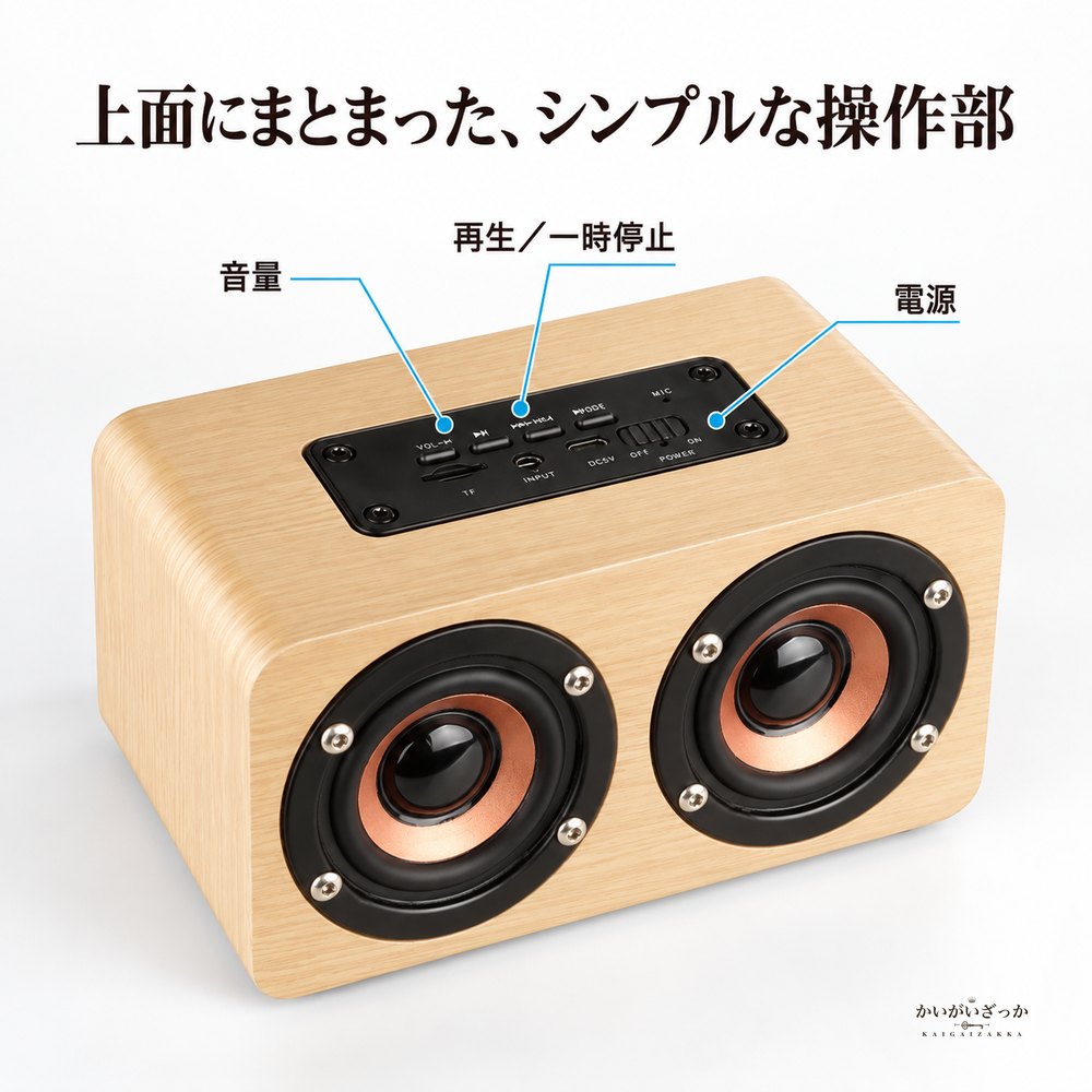 木目調Bluetoothスピーカー 小型デュアルスピーカー ハンズフリー通話対応 TFカード AUX入力 USB給電 音楽再生用 ポータブルオーディオ 木製カラー