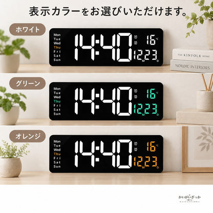 16インチ大画面デジタル壁掛け時計 LED表示 日付曜日温度 アラーム ストップウォッチ リモコン操作 置き掛け対応 明るさ調節 夏時間冬時間切替 インテリアクロック