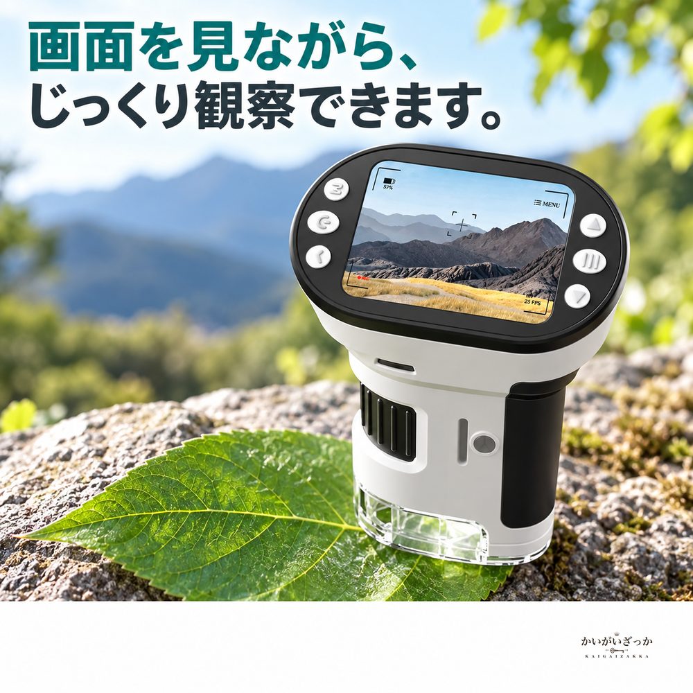 デジタル顕微鏡 ハンディ 2.0インチ大画面 LED上下光源 USB充電式 三脚スタンド付き カラビナ付き 写真動画撮影対応 葉 鉱物 細胞観察 携帯スコープ