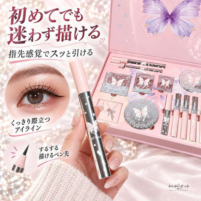 コスメギフトセット 蝶々デザイン ピンクギフトボックス リップグロス4本 アイライナーペンシル チーク 4色アイシャドウパレット 化粧品セット 透明感発色 贈り物 コスメティックコフレ