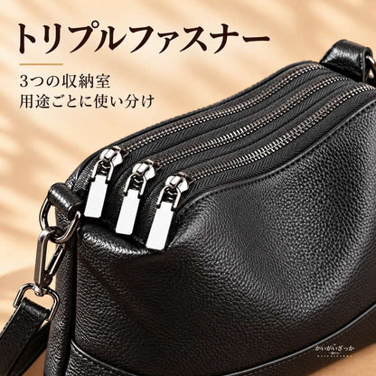 本革 ショルダーバッグ レディース 斜めがけ 2way ハンドバッグ 牛革 ピロー型 トリプルファスナー 着脱ストラップ 27cm 4色展開 カジュアル バッグ