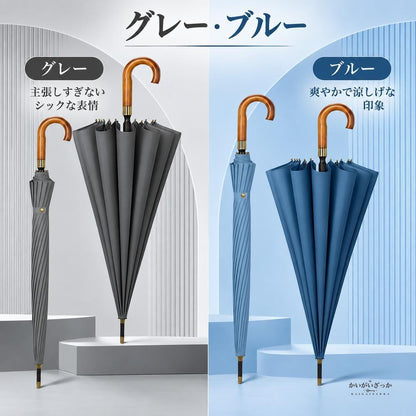 木製Jハンドル ゴルフ傘 長傘 16本骨 フルファイバー骨 耐風傘 撥水加工 蓮の葉効果 ワンタッチ半自動開閉 110cm 晴雨兼用 メンズ レディース 全6色 傘