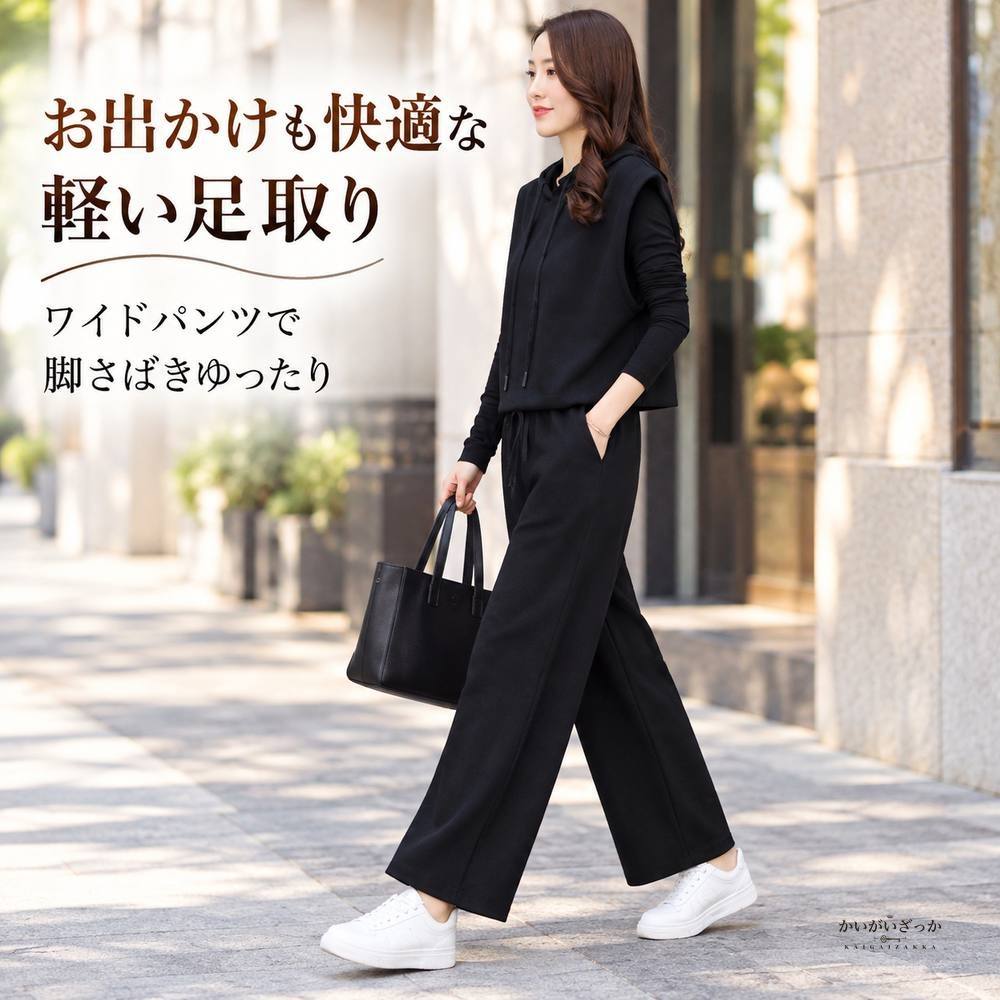 フード付きベスト 長袖インナー ワイドパンツ 3点セット レディース セットアップ 黒 コーヒー カジュアル 秋冬 大きいサイズ ゆったり 送料無料