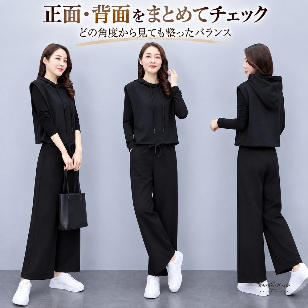 フード付きベスト 長袖インナー ワイドパンツ 3点セット レディース セットアップ 黒 コーヒー カジュアル 秋冬 大きいサイズ ゆったり 送料無料