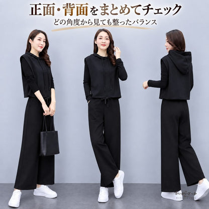 フード付きベスト 長袖インナー ワイドパンツ 3点セット レディース セットアップ 黒 コーヒー カジュアル 秋冬 大きいサイズ ゆったり 送料無料