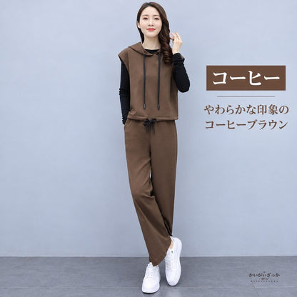 フード付きベスト 長袖インナー ワイドパンツ 3点セット レディース セットアップ 黒 コーヒー カジュアル 秋冬 大きいサイズ ゆったり 送料無料