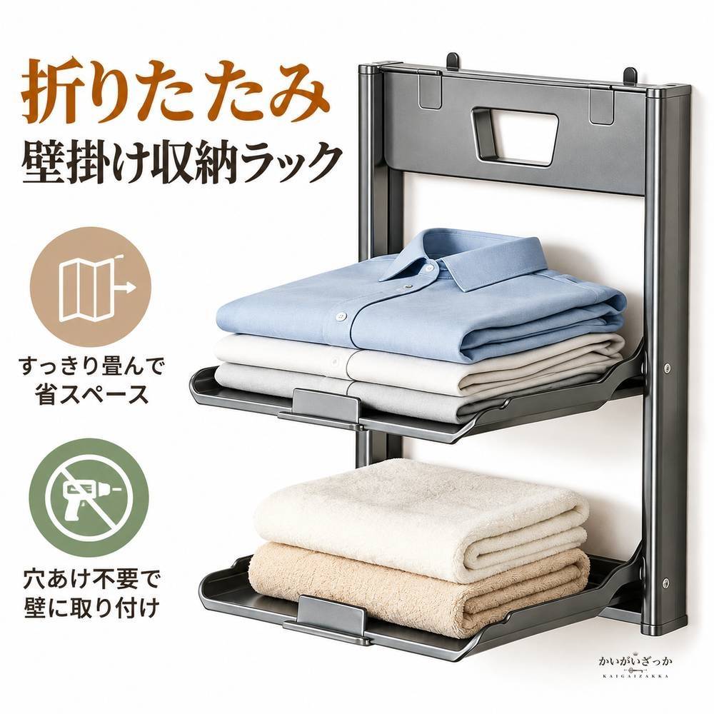折りたたみ壁掛け収納ラック 2層タイプ 衣類収納 タオル収納