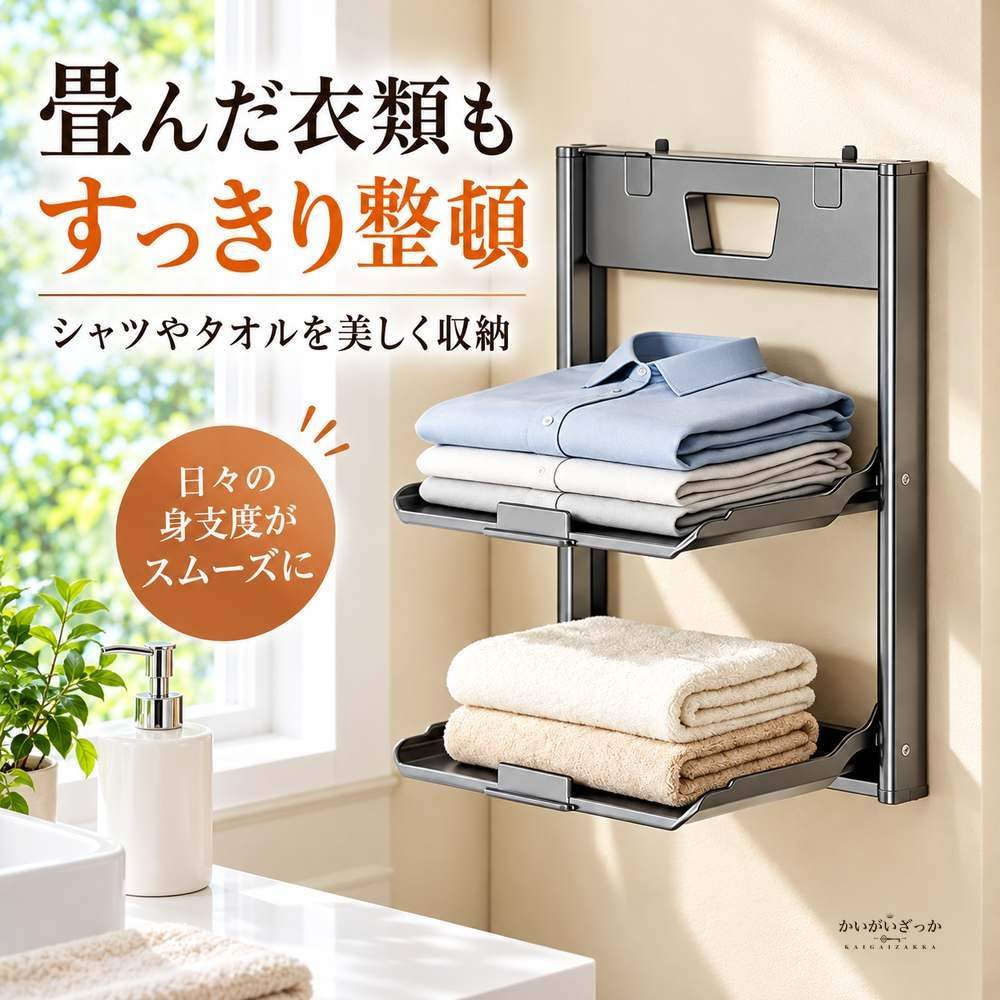 折りたたみ壁掛け収納ラック 2層タイプ 衣類収納 タオル収納 強力吸盤 穴あけ不要 アルミ製 スライド式トレイ 省スペース バスルーム キッチン