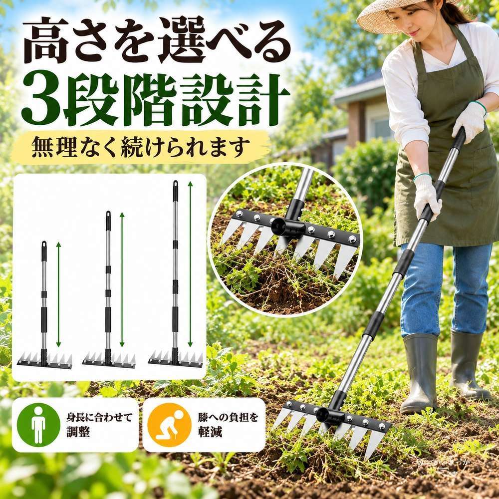 多歯ガーデンレーキ 8本爪 取り外し可能ヘッド 伸縮ポール 156cm 3段階調節 マンガン鋼 除草 芝生 庭 整地 ガーデニング用具 雑草除去 土ならし 耐久性 ステンレス伸縮柄