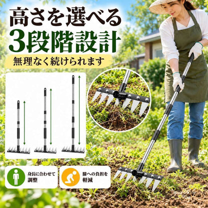 多歯ガーデンレーキ 8本爪 取り外し可能ヘッド 伸縮ポール 156cm 3段階調節 マンガン鋼 除草 芝生 庭 整地 ガーデニング用具 雑草除去 土ならし 耐久性 ステンレス伸縮柄