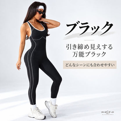 シームレスボディスーツ ジャンプスーツ レディース スポーツウェア ヨガウェア フィットネス ロンパース 一体型レギンス タンクトップ ブラック ネイビー S M L おしゃれ トレーニング着