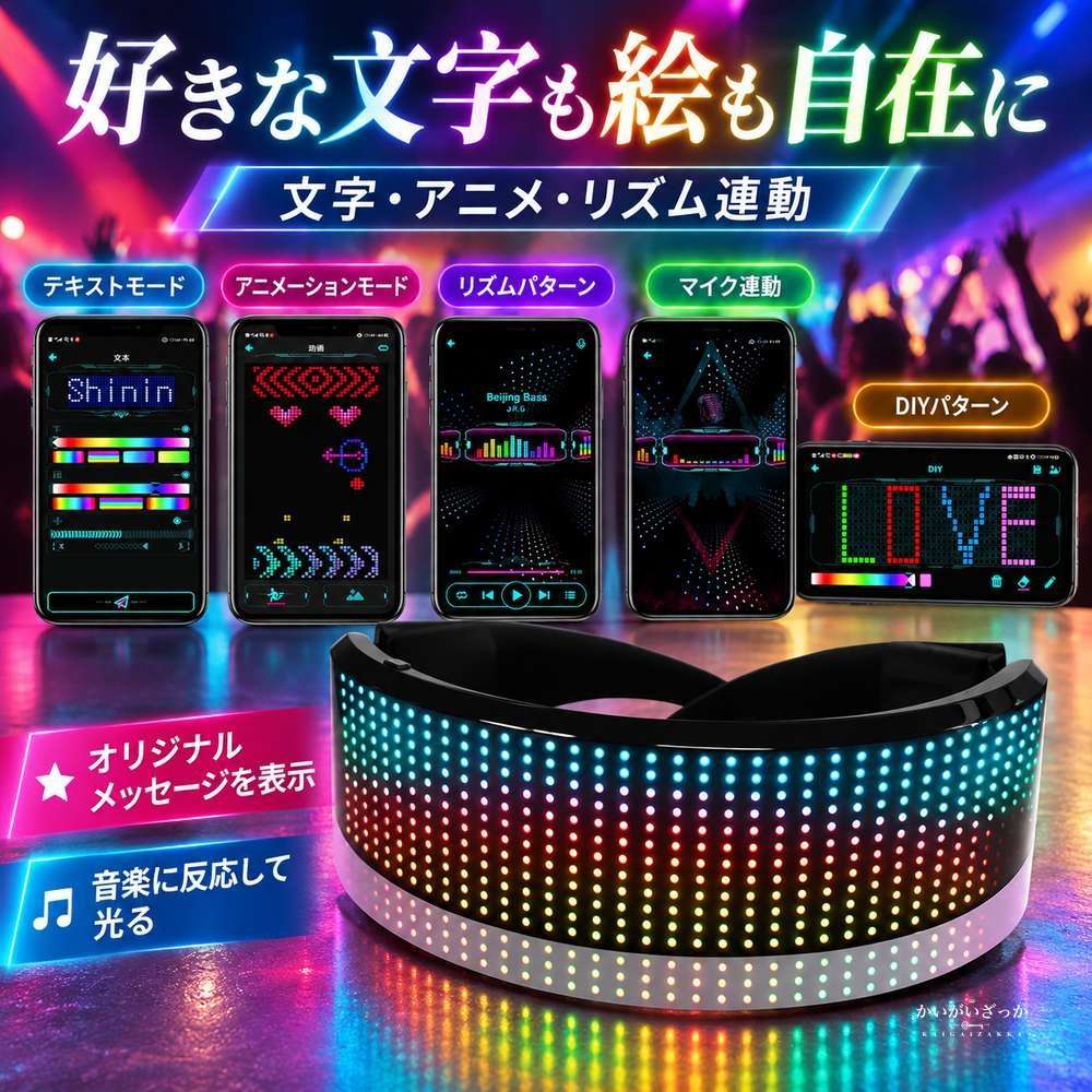 LED Bluetooth メガネ 光るサングラス スマートグラス フルカラーLED表示 曲面ディスプレイ アプリ連動 音楽連動 パーティー ハロウィン クリスマス コスプレ 小道具