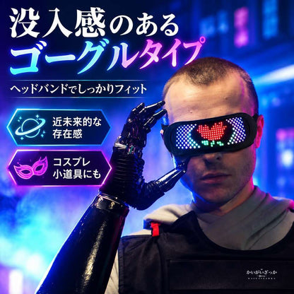 LED Bluetooth メガネ 光るサングラス スマートグラス フルカラーLED表示 曲面ディスプレイ アプリ連動 音楽連動 パーティー ハロウィン クリスマス コスプレ 小道具