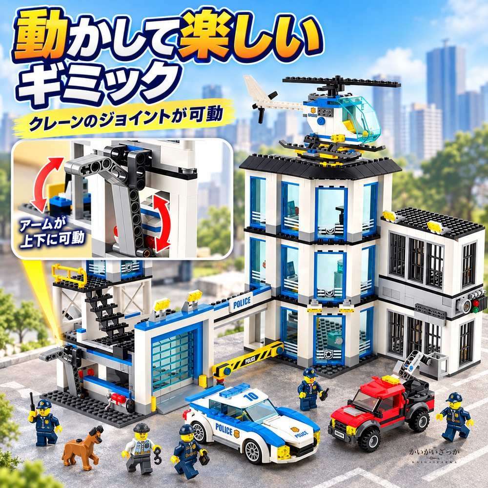 警察署 ビルディングブロック 894ピース ヘリコプター パトカー ピックアップトラック 犬 ミニフィグ6体 牢屋 クレーン 知育玩具 組み立て 男の子 プレゼント コレクション ディスプレイ