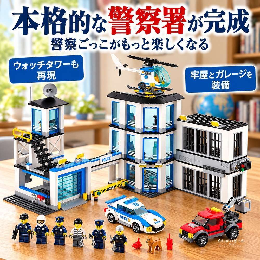 警察署 ビルディングブロック 894ピース ヘリコプター パトカー ピックアップトラック 犬 ミニフィグ6体 牢屋 クレーン 知育玩具 組み立て 男の子 プレゼント コレクション ディスプレイ