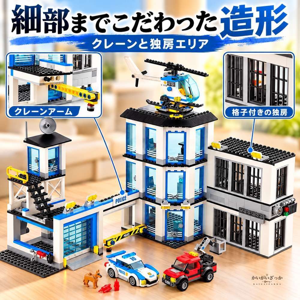 警察署 ビルディングブロック 894ピース ヘリコプター パトカー ピックアップトラック 犬 ミニフィグ6体 牢屋 クレーン 知育玩具 組み立て 男の子 プレゼント コレクション ディスプレイ