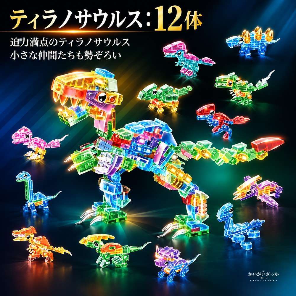 透明組み立てブロック 12体・6体セット 恐竜 サメ 海洋動物 ティラノサウルス マンモス クジラ カラフル 連結モデル 知育玩具 子供 誕生日プレゼント コレクション ディスプレイ
