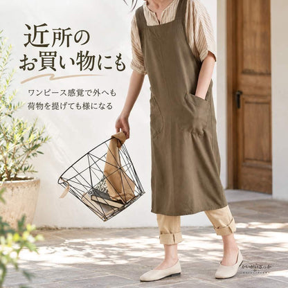 エプロンワンピース リネン綿混 クロスバック 大きいポケット付き ロング丈 無地 ナチュラル カフェ エプロン 作業着 家事 ガーデニング レディース
