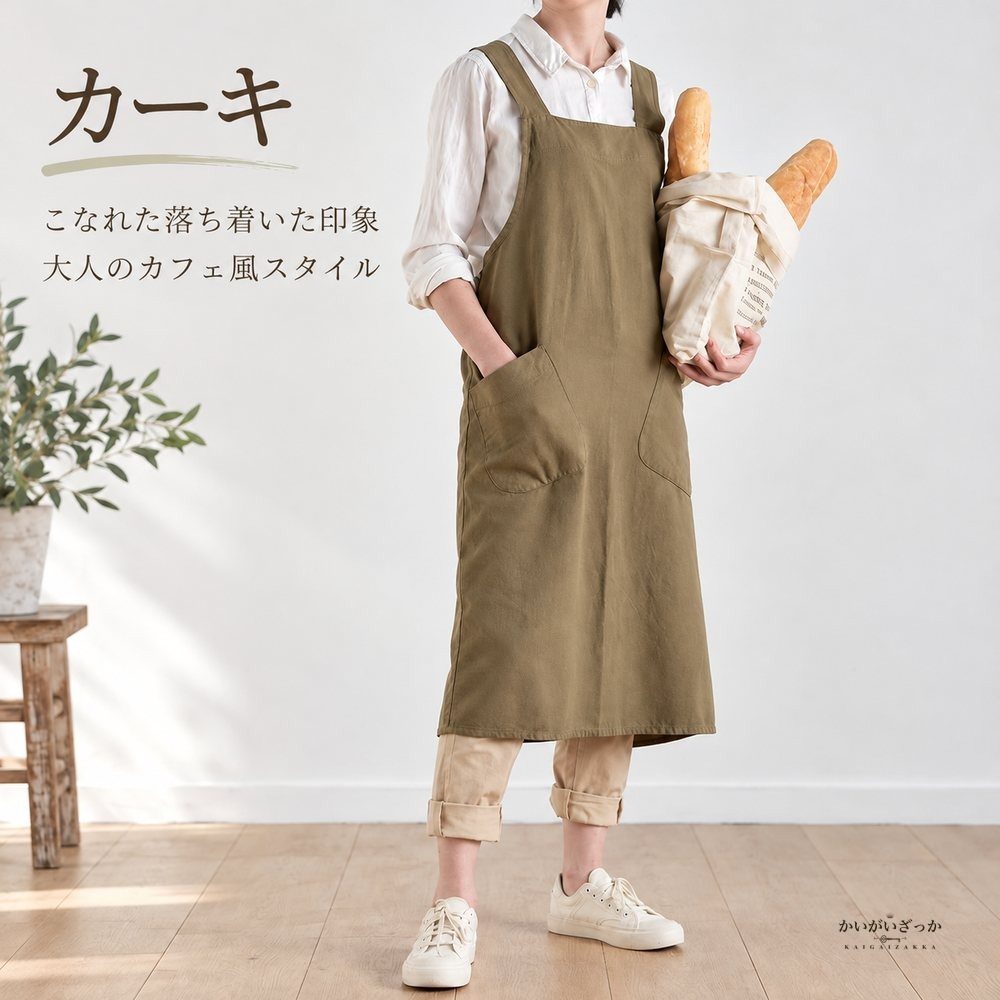 エプロンワンピース リネン綿混 クロスバック 大きいポケット付き ロング丈 無地 ナチュラル カフェ エプロン 作業着 家事 ガーデニング レディース