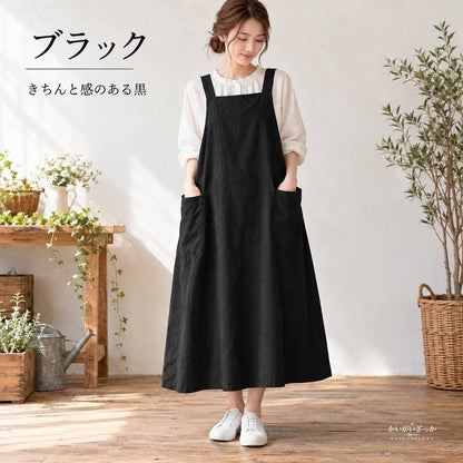 エプロンワンピース リネン綿混 クロスバック 大きいポケット付き ロング丈 無地 ナチュラル カフェ エプロン 作業着 家事 ガーデニング レディース