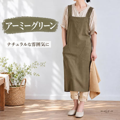 エプロンワンピース リネン綿混 クロスバック 大きいポケット付き ロング丈 無地 ナチュラル カフェ エプロン 作業着 家事 ガーデニング レディース