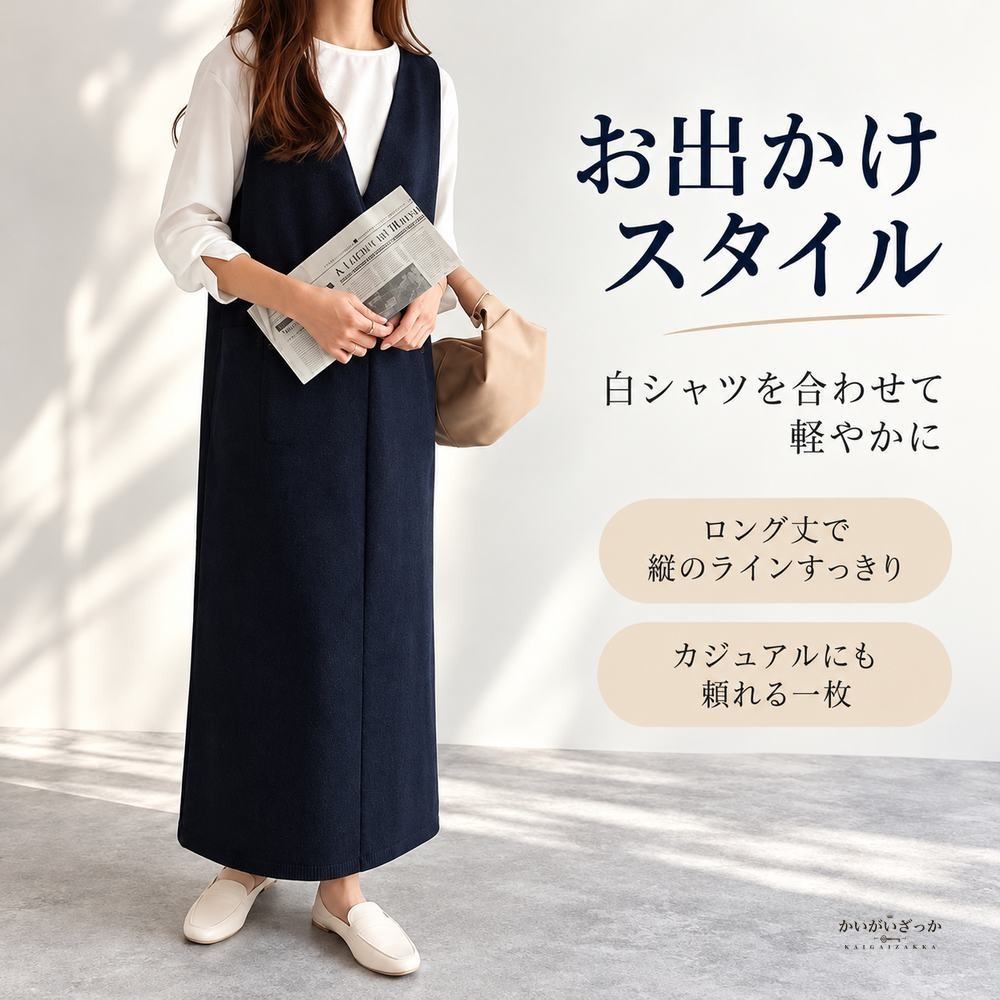 ノースリーブ ニットベスト ワンピース ジャンパースカート 深Vネック ロング丈 膝下 ポケット付き ゆったり 体型カバー カジュアル レディース 秋冬 重ね着 無地