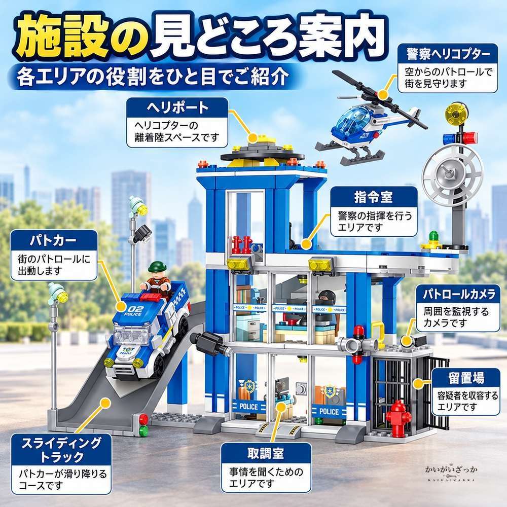 警察署 ビルディングブロック 601ピース 3階建て スライディングトラック パトカー ヘリコプター 留置場 セット 組み立て おもちゃ インテリア 飾り プレゼント
