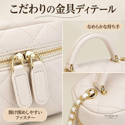 ミニボックス型 キルティングチェーンバッグ レディース ハンドバッグ ショルダーバッグ PUレザー トップハンドル 2WAY ジップ開閉 コンパクト 黒 アイボリー 全2色