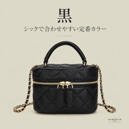 ミニボックス型 キルティングチェーンバッグ レディース ハンドバッグ ショルダーバッグ PUレザー トップハンドル 2WAY ジップ開閉 コンパクト 黒 アイボリー 全2色