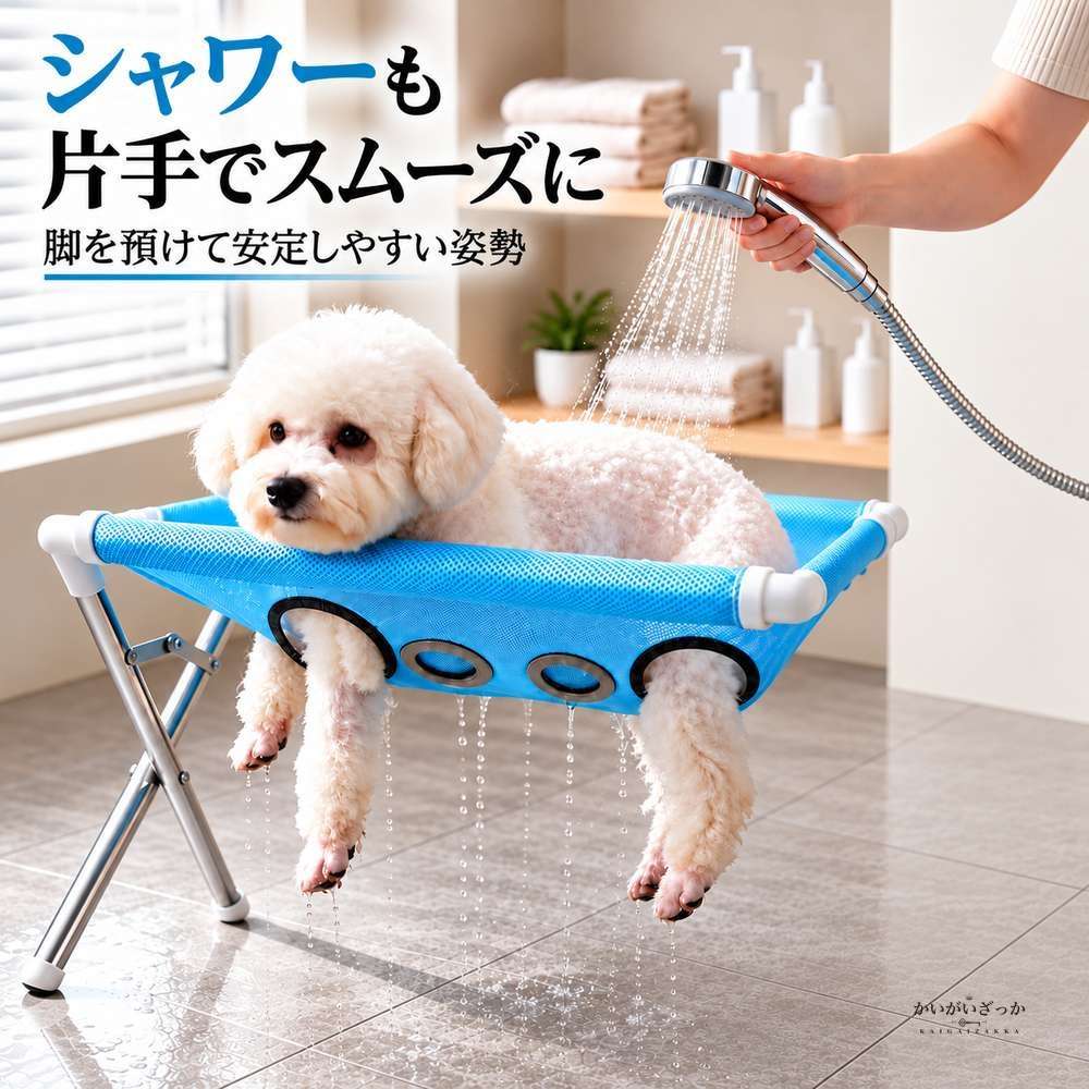 ペット用折りたたみバスタンド 犬猫兼用 メッシュ座面 排水穴付き 速乾素材 ステンレス脚 グルーミング台 シャワー洗浄 収納ストラップ付き コンパクト収納