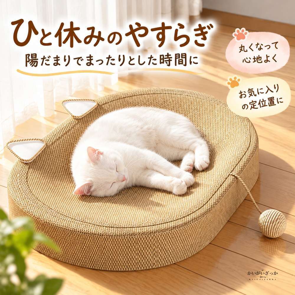 猫爪とぎベッド 楕円形 猫耳デザイン 編み込み生地 波形デザイン 耐摩耗加工 爪研ぎパッド 紐付きボール おもちゃ付き 猫用クッション 室内用 ペット用品