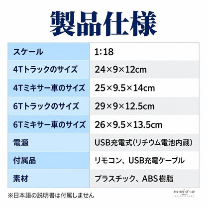 RC 工事車両 トラック ミキサー車 無線リモコン 6ch 4ch 2.4g LEDライト点灯 USB充電式電池付き おもちゃ 男の子 知育 プレゼント ギフト