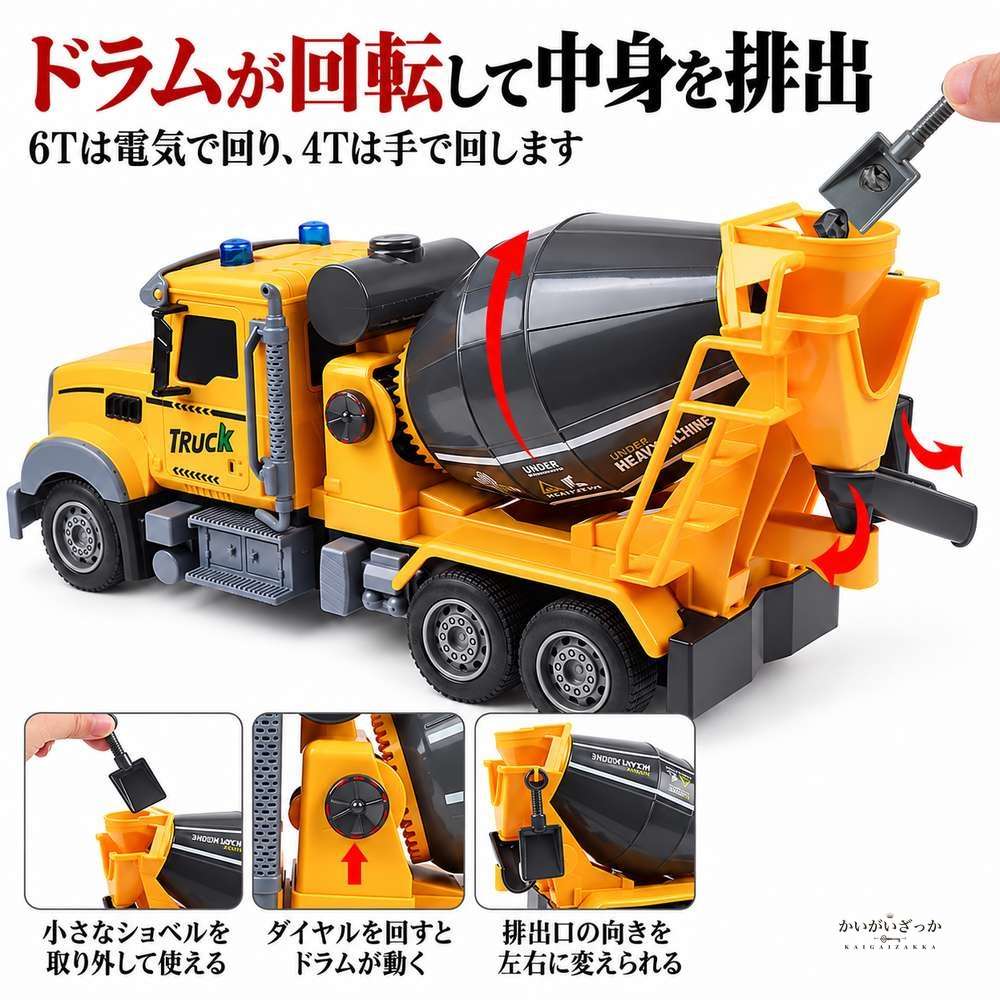 RC 工事車両 トラック ミキサー車 無線リモコン 6ch 4ch 2.4g LEDライト点灯 USB充電式電池付き おもちゃ 男の子 知育 プレゼント ギフト
