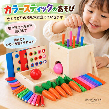 モンテッソーリ 6in1 知育ボックス 木製 パーマネンスボックス コインボックス 形合わせパネル カラフル スティック ボール にんじん 指先知育 木製玩具 誕生日 プレゼント