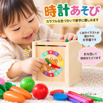 モンテッソーリ 6in1 知育ボックス 木製 パーマネンスボックス コインボックス 形合わせパネル カラフル スティック ボール にんじん 指先知育 木製玩具 誕生日 プレゼント
