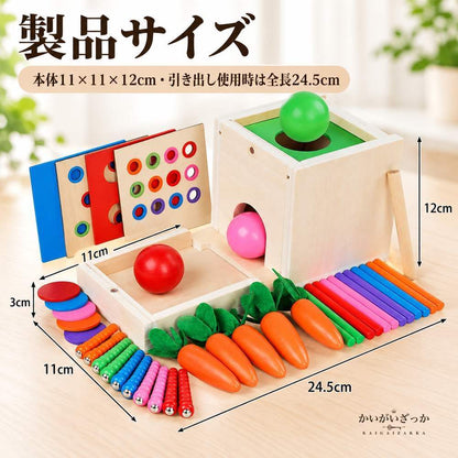 モンテッソーリ 6in1 知育ボックス 木製 パーマネンスボックス コインボックス 形合わせパネル カラフル スティック ボール にんじん 指先知育 木製玩具 誕生日 プレゼント